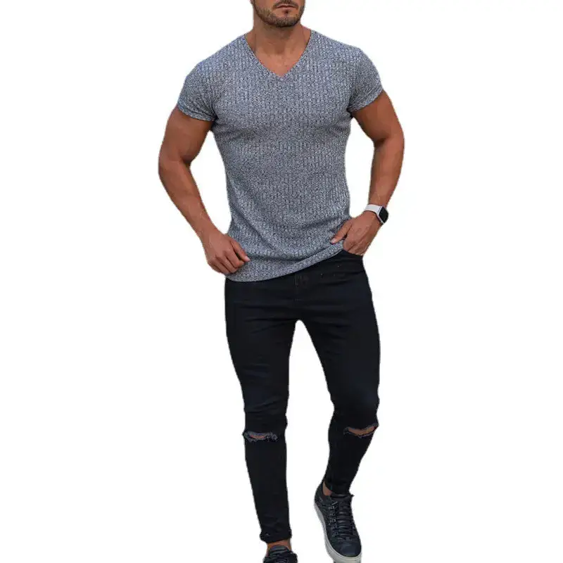 Men V-Neck Sweat Wicking Slim Fit T-Shirt Cream