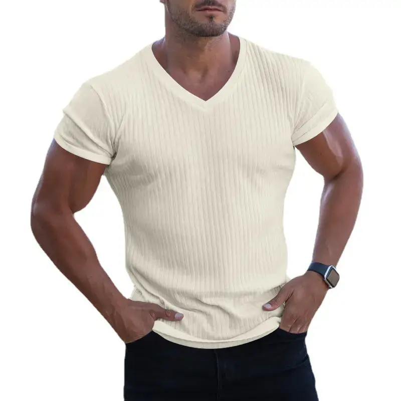 Men V-Neck Sweat Wicking Slim Fit T-Shirt Cream