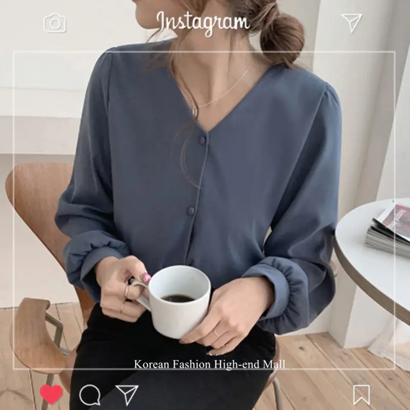 Women V-neck Long Sleeve Shirt Blue Solid Color - Image 6
