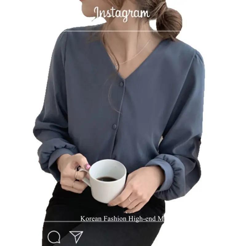 Women V-neck Long Sleeve Shirt Blue Solid Color - Image 8