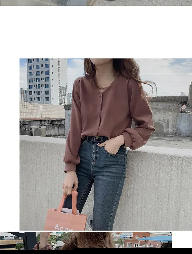 Women V-neck Long Sleeve Shirt Blue Solid Color — feature 18
