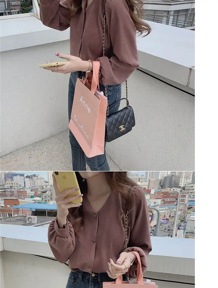 Women V-neck Long Sleeve Shirt Blue Solid Color — feature 19