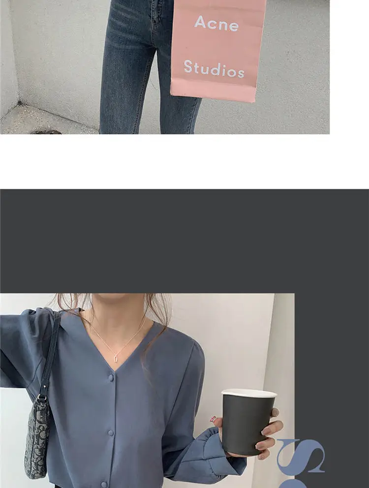 Women V-neck Long Sleeve Shirt Blue Solid Color — feature 20