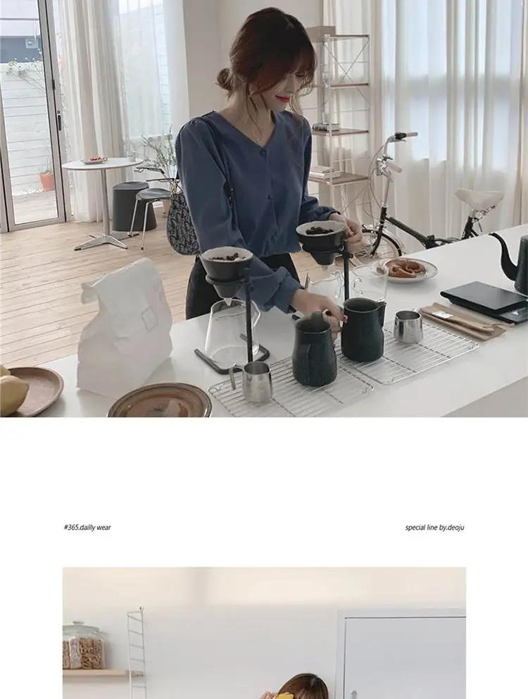 Women V-neck Long Sleeve Shirt Blue Solid Color — feature 23