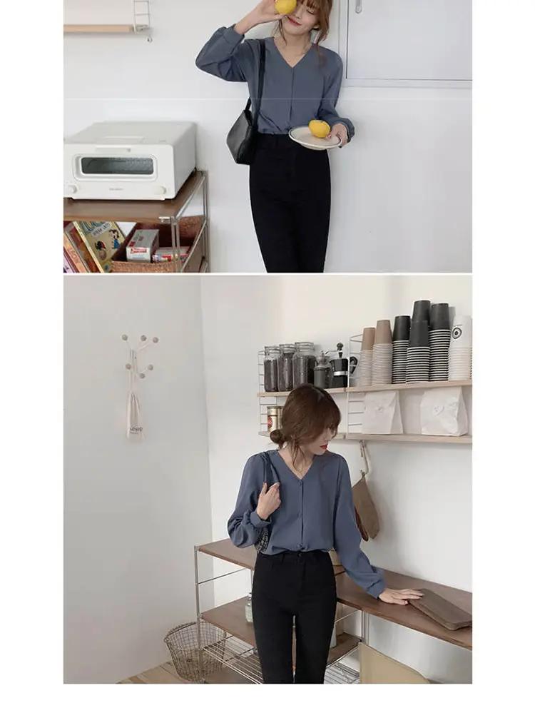 Women V-neck Long Sleeve Shirt Blue Solid Color — feature 24