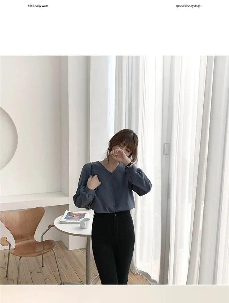 Women V-neck Long Sleeve Shirt Blue Solid Color — feature 25