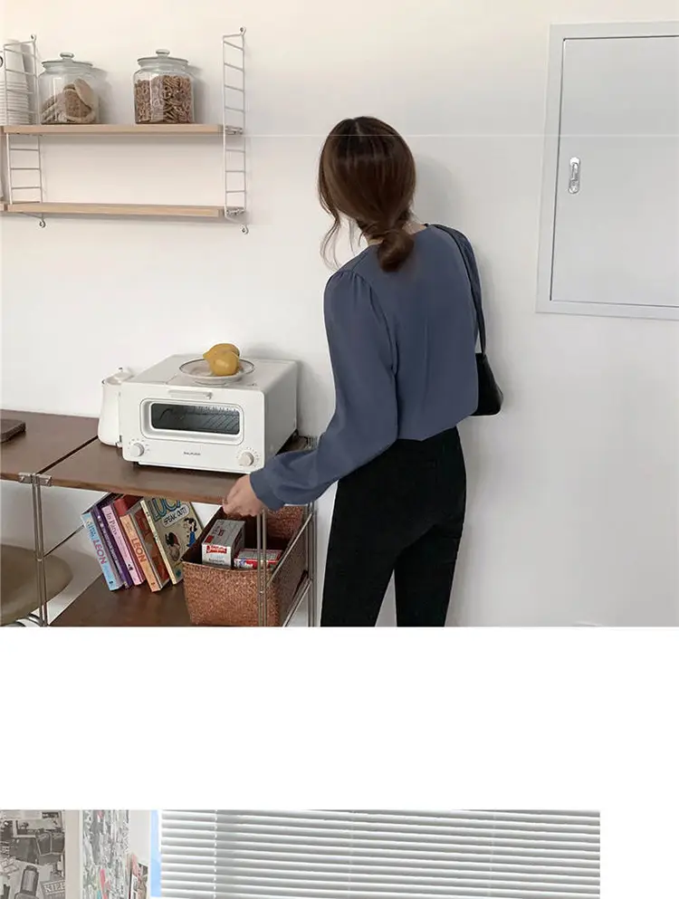 Women V-neck Long Sleeve Shirt Blue Solid Color — feature 26