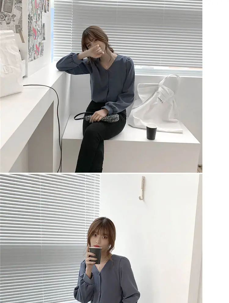 Women V-neck Long Sleeve Shirt Blue Solid Color — feature 27
