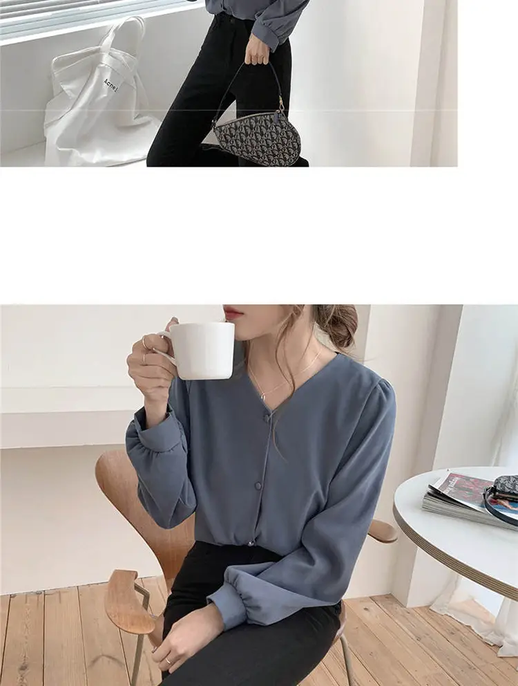 Women V-neck Long Sleeve Shirt Blue Solid Color — feature 28