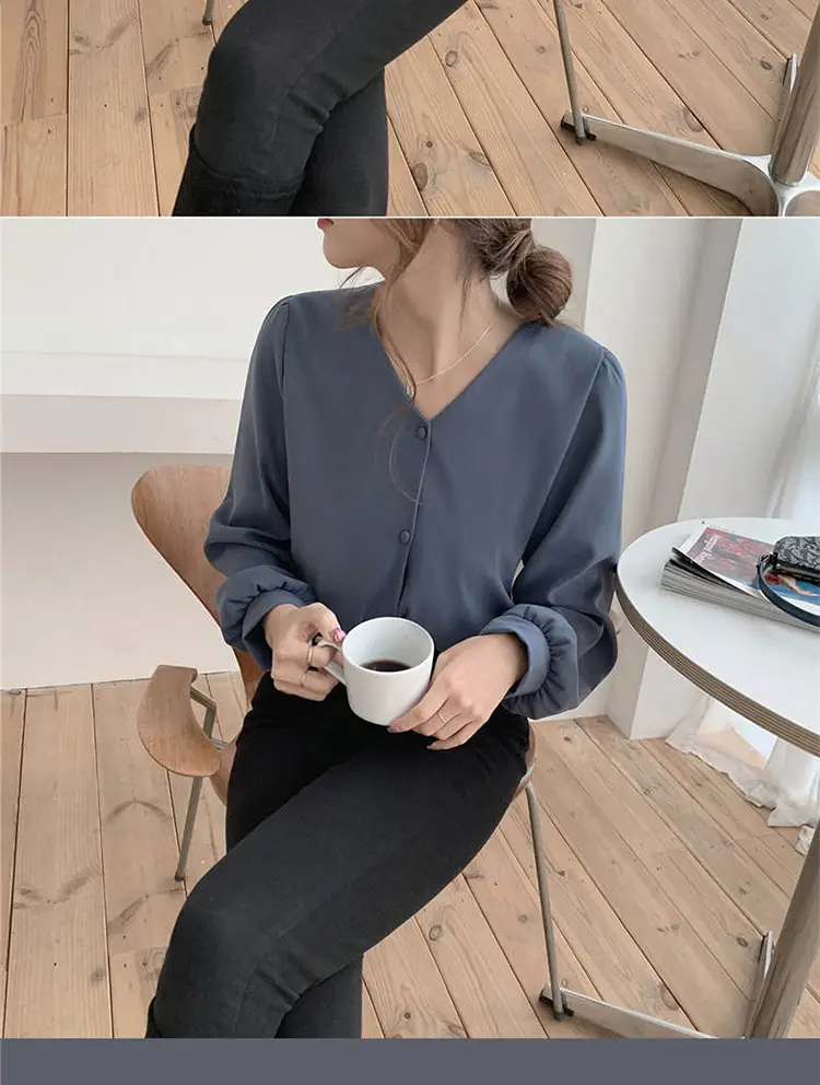 Women V-neck Long Sleeve Shirt Blue Solid Color — feature 29