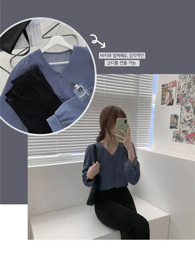 Women V-neck Long Sleeve Shirt Blue Solid Color — feature 30