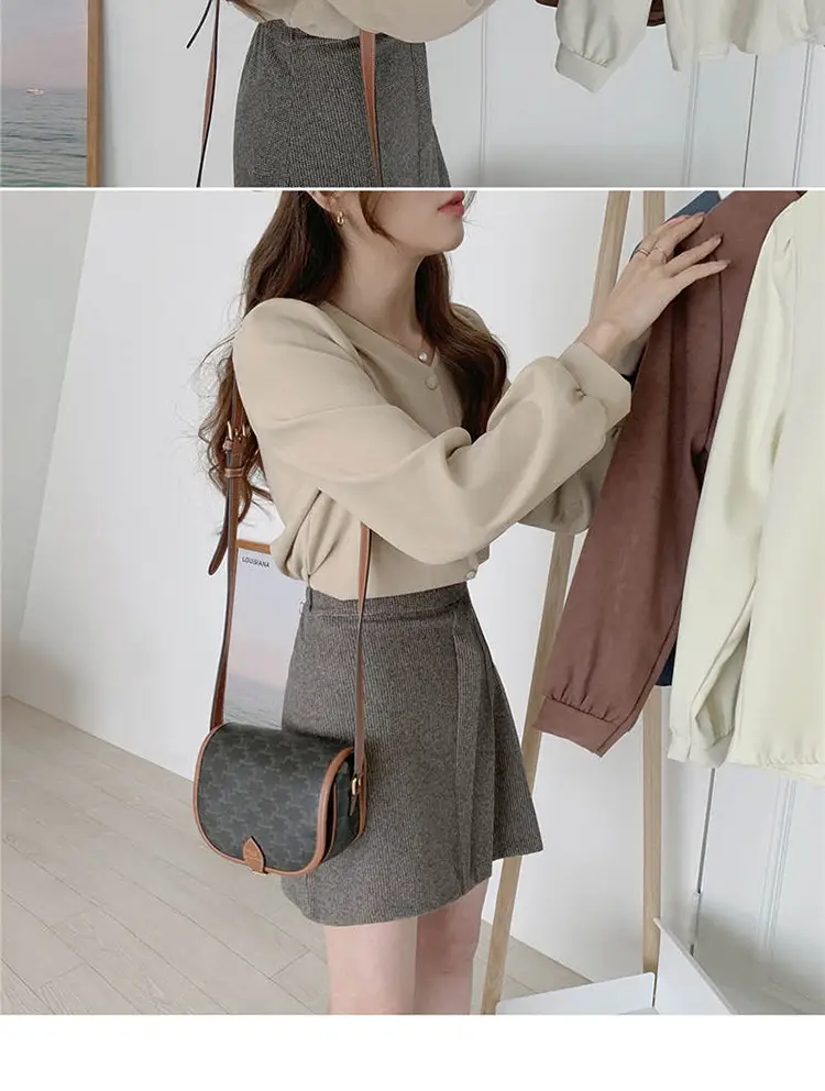 Women V-neck Long Sleeve Shirt Blue Solid Color — feature 4