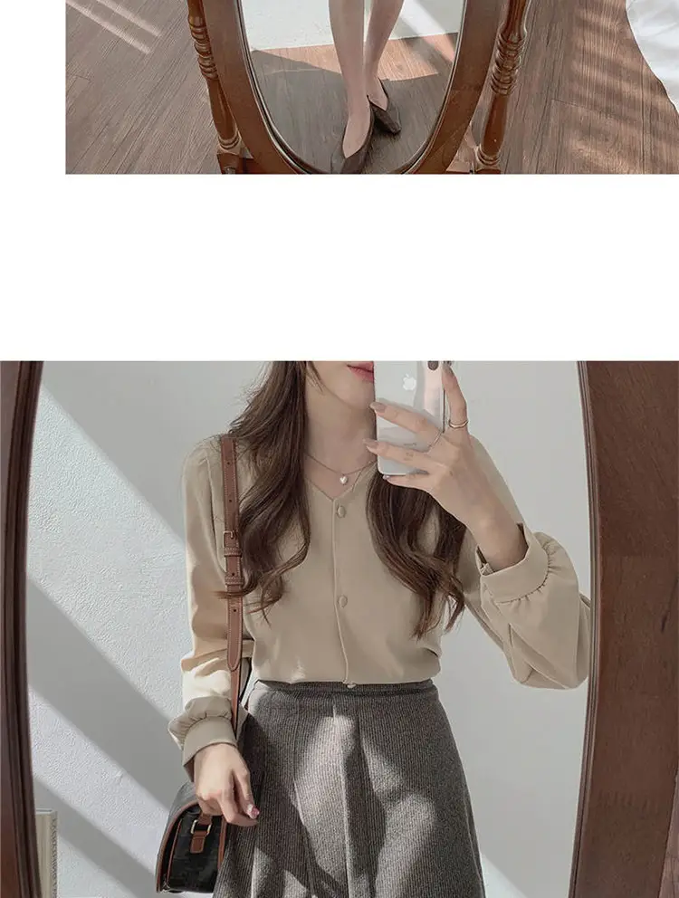 Women V-neck Long Sleeve Shirt Blue Solid Color — feature 7