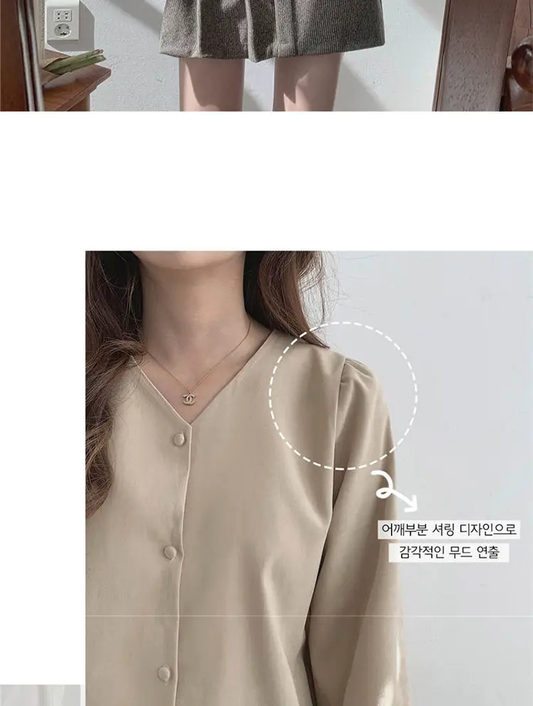 Women V-neck Long Sleeve Shirt Blue Solid Color — feature 8
