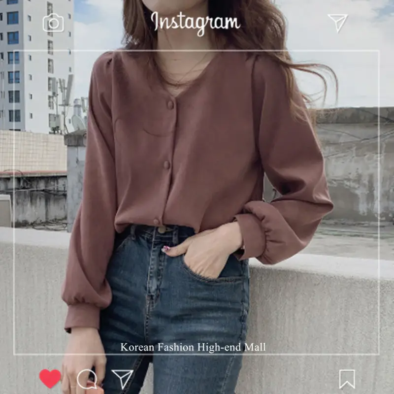 Women V-neck Long Sleeve Shirt Blue Solid Color - Image 2