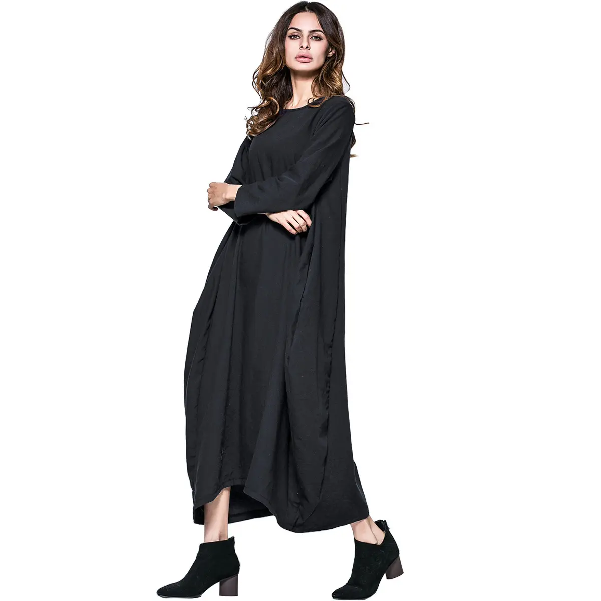2022 Plus Size Muslim Long Dress Black Cotton Linen - Image 3