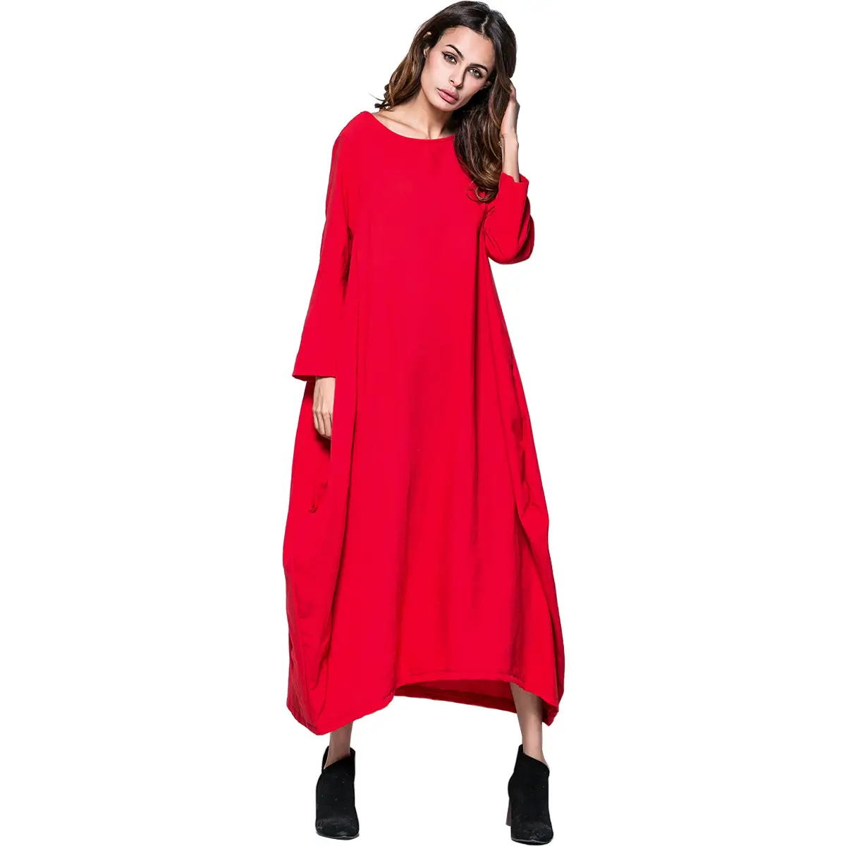 2022 Plus Size Muslim Long Dress Black Cotton Linen - Image 2
