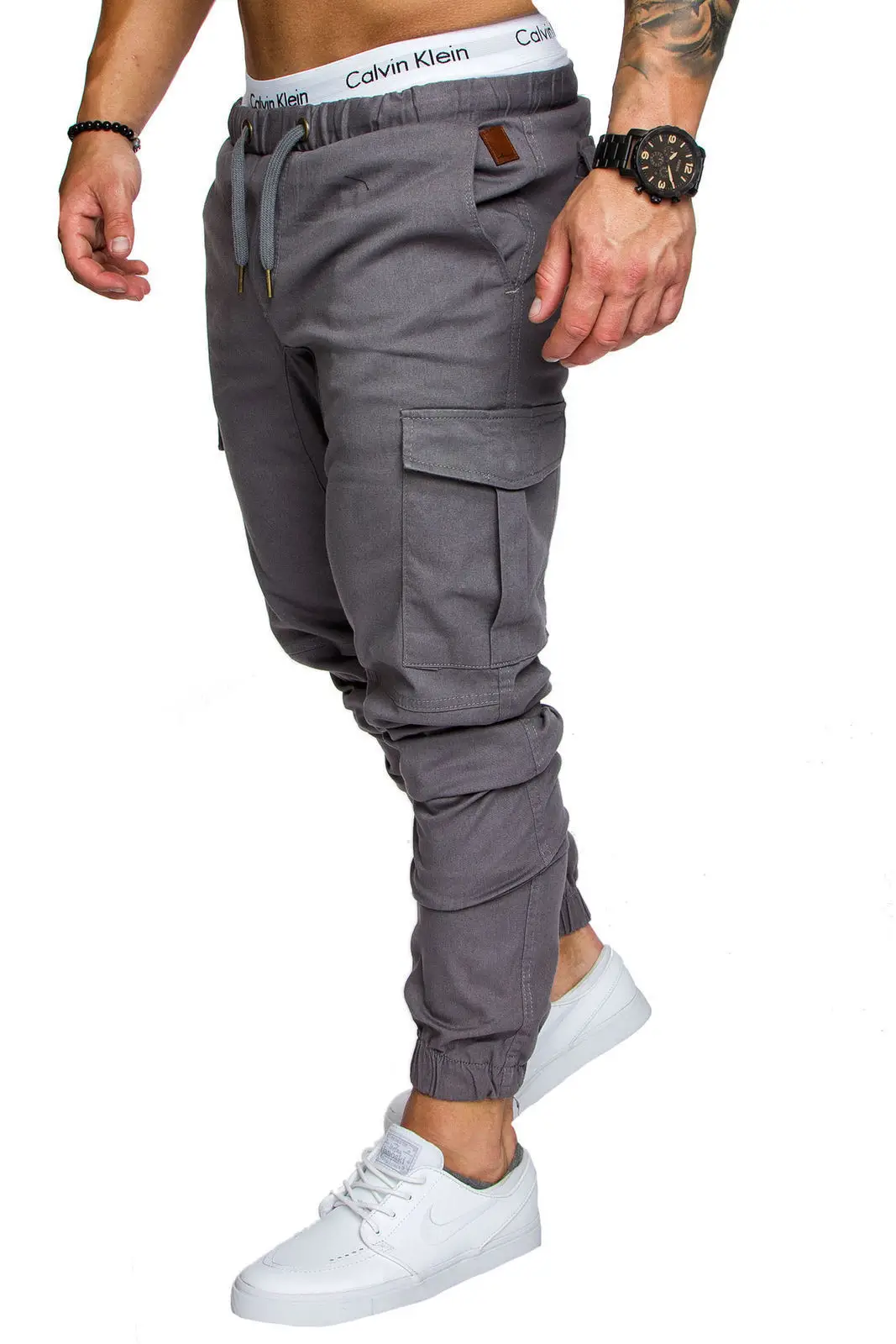 Men Grey Woven Leggings with Multi-Flap Pockets - Image 3