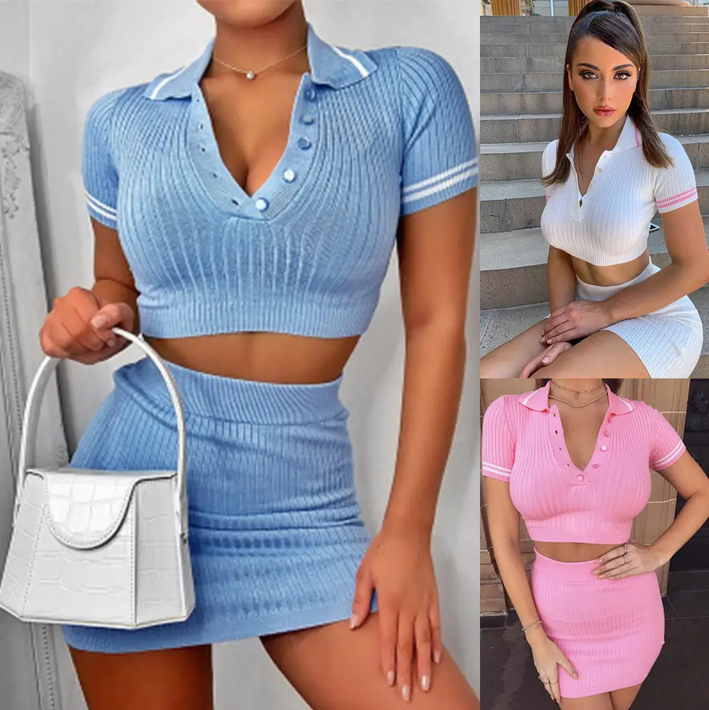 2022 Blue Knit Short Sleeve Two-Piece Skirt Suit
