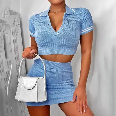 2022 Blue Knit Short Sleeve Two-Piece Skirt Suit