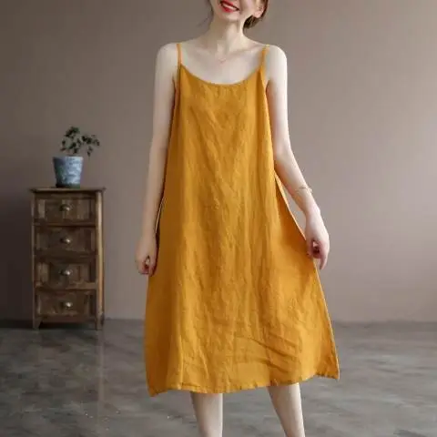 Summer Sling Vest Dress Linen Cotton Loose Fit Belly Cover - Image 5