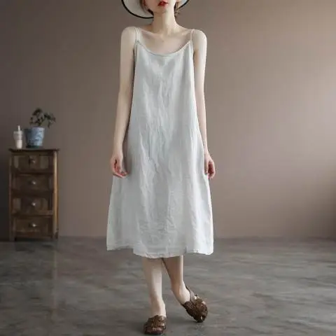 Summer Sling Vest Dress Linen Cotton Loose Fit Belly Cover - Image 7
