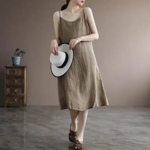 Summer Sling Vest Dress Linen Cotton Loose Fit Belly Cover - Image 8