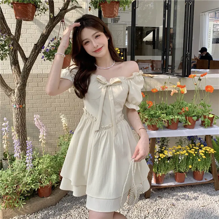 Women Spring Summer Dress Puff Sleeve Lace-Up Waist