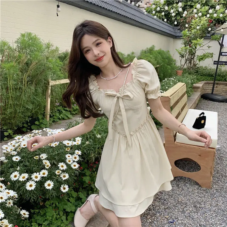 Women Spring Summer Dress Puff Sleeve Lace-Up Waist