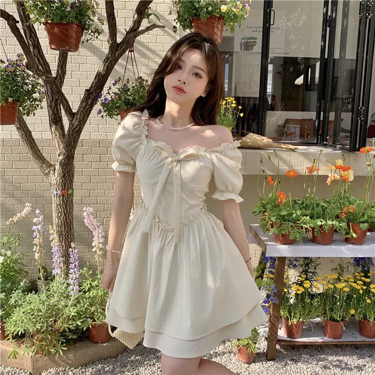 Women Spring Summer Dress Puff Sleeve Lace-Up Waist
