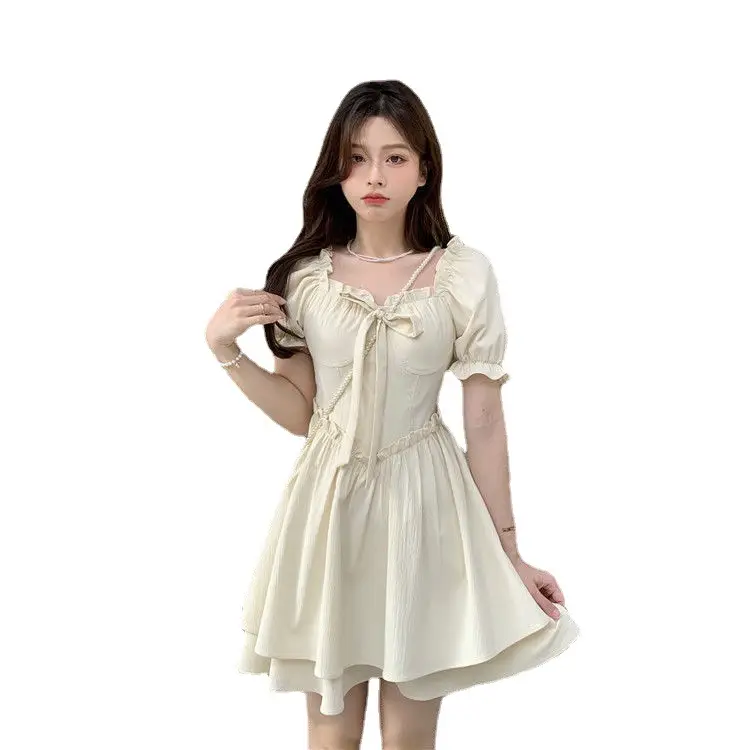 Women Spring Summer Dress Puff Sleeve Lace-Up Waist