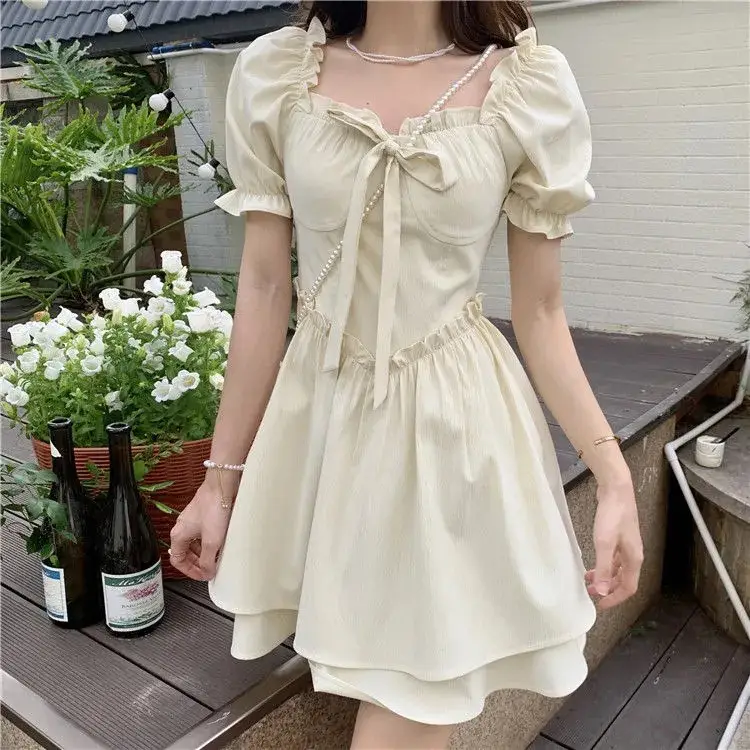 Women Spring Summer Dress Puff Sleeve Lace-Up Waist — feature 17