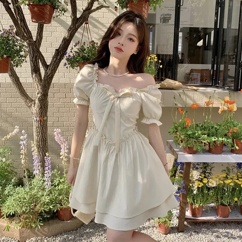 Women Spring Summer Dress Puff Sleeve Lace-Up Waist — feature 18