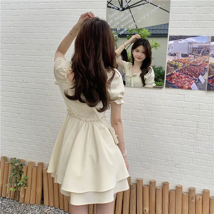 Women Spring Summer Dress Puff Sleeve Lace-Up Waist — feature 23