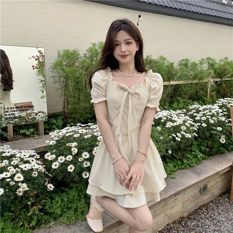 Women Spring Summer Dress Puff Sleeve Lace-Up Waist — feature 24