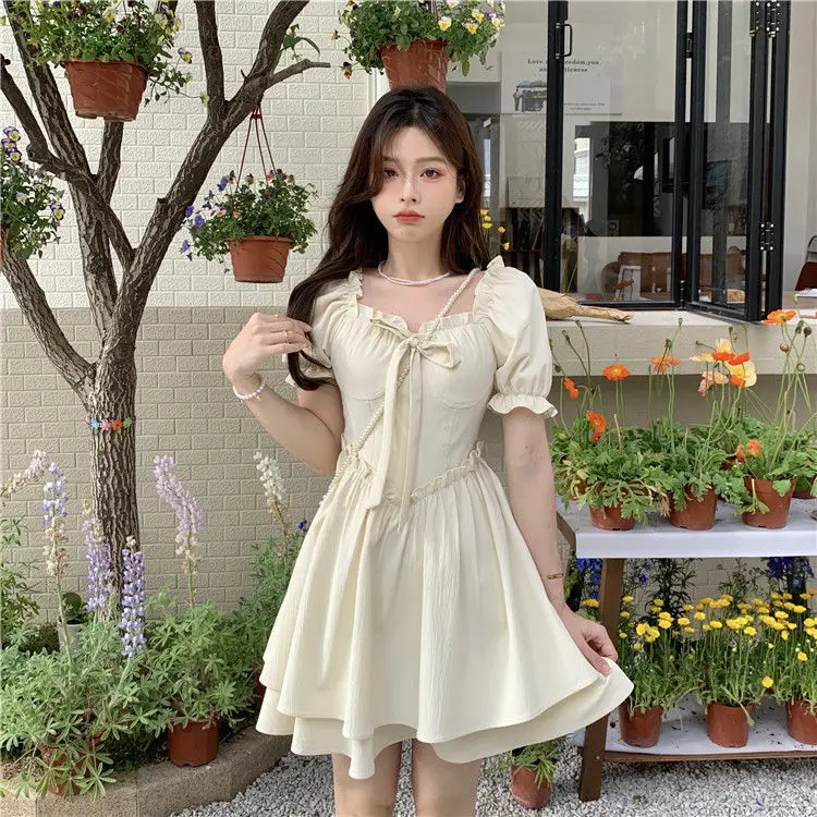 Women Spring Summer Dress Puff Sleeve Lace-Up Waist — feature 27
