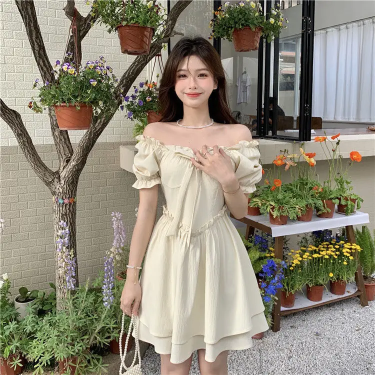 Women Spring Summer Dress Puff Sleeve Lace-Up Waist — feature 31