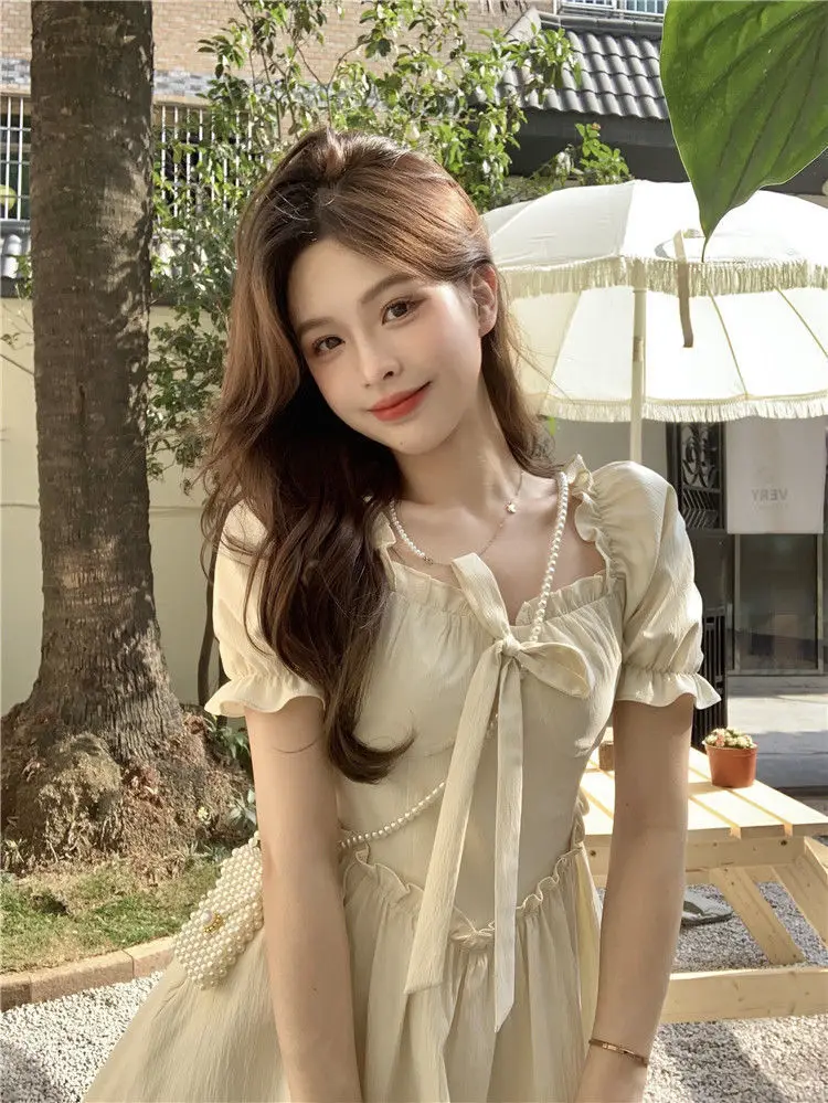 Women Spring Summer Dress Puff Sleeve Lace-Up Waist — feature 32
