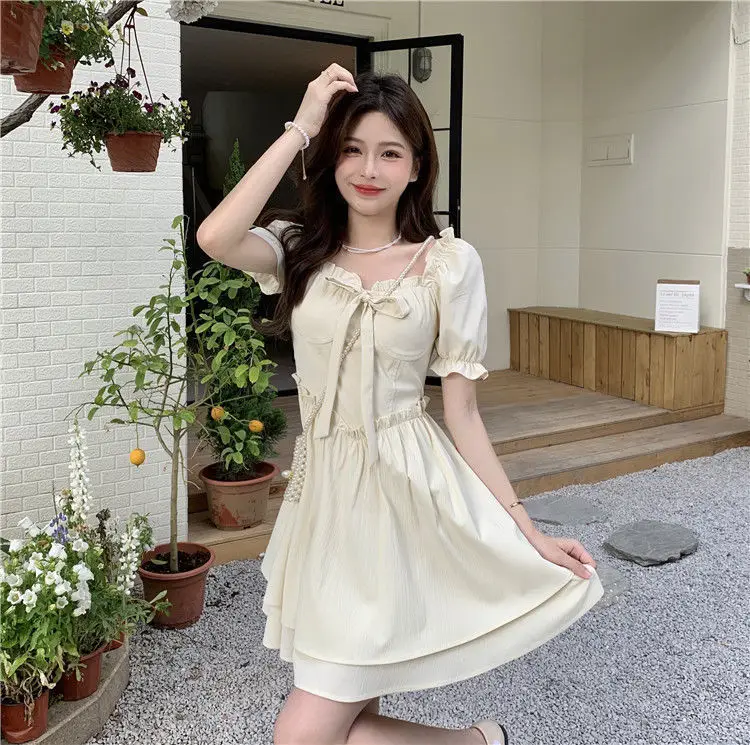 Women Spring Summer Dress Puff Sleeve Lace-Up Waist — feature 33