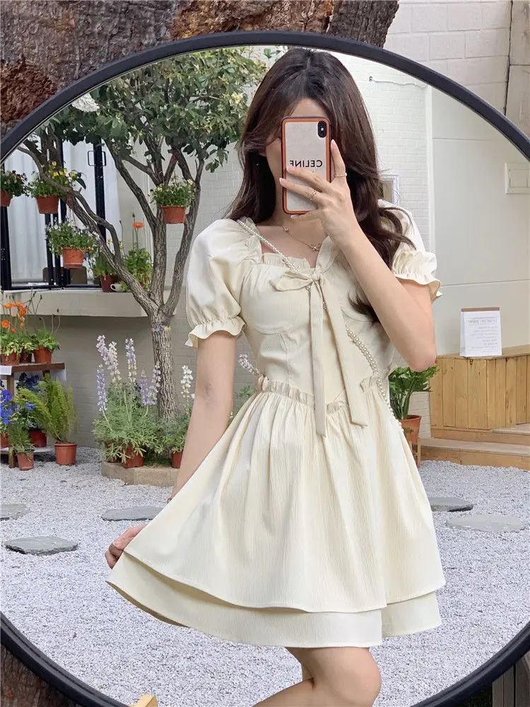 Women Spring Summer Dress Puff Sleeve Lace-Up Waist — feature 34