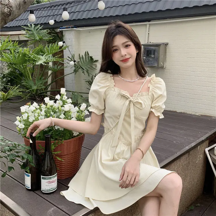Women Spring Summer Dress Puff Sleeve Lace-Up Waist — feature 35