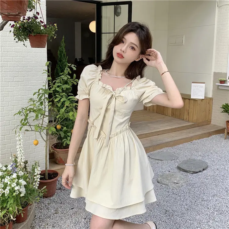 Women Spring Summer Dress Puff Sleeve Lace-Up Waist — feature 36
