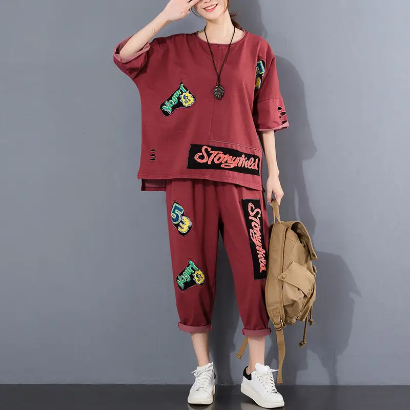 Women 2025 Ripped Patch Printed Casual Suit Maroon Large