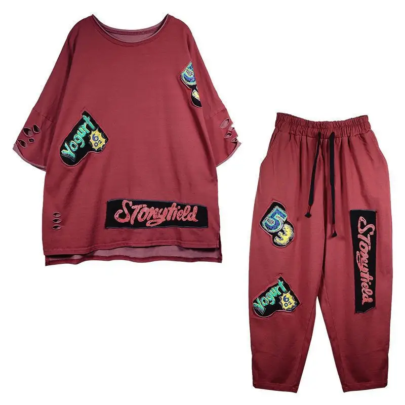 Women 2025 Ripped Patch Printed Casual Suit Maroon Large