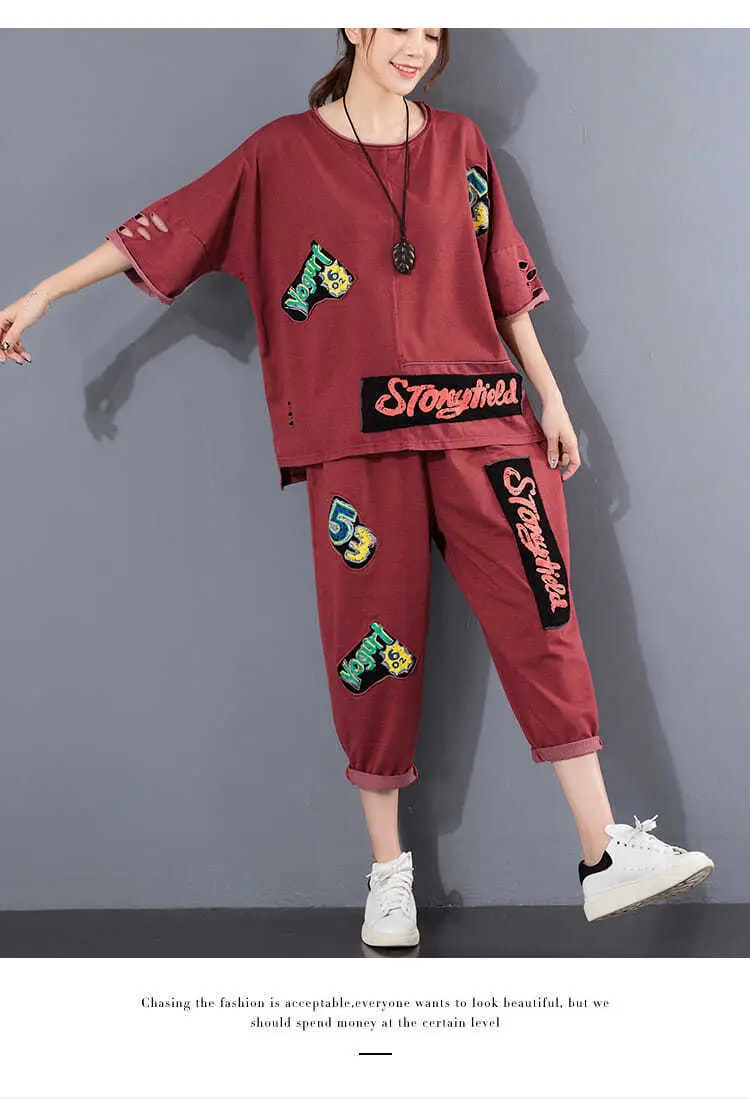 Women 2025 Ripped Patch Printed Casual Suit Maroon Large — feature 13
