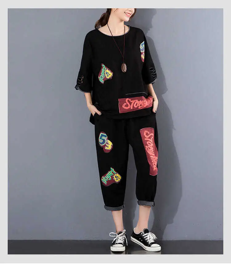 Women 2025 Ripped Patch Printed Casual Suit Maroon Large — feature 14