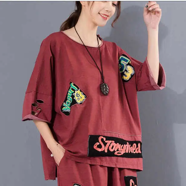 Women 2025 Ripped Patch Printed Casual Suit Maroon Large — feature 2