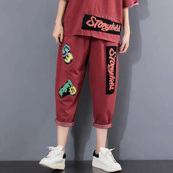 Women 2025 Ripped Patch Printed Casual Suit Maroon Large — feature 3