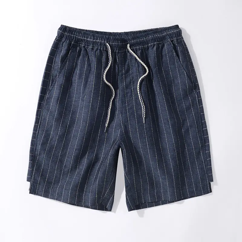 Men Japanese Retro Striped Linen Shorts Blue