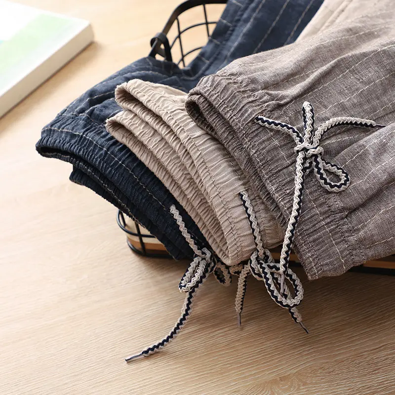 Men Japanese Retro Striped Linen Shorts Blue